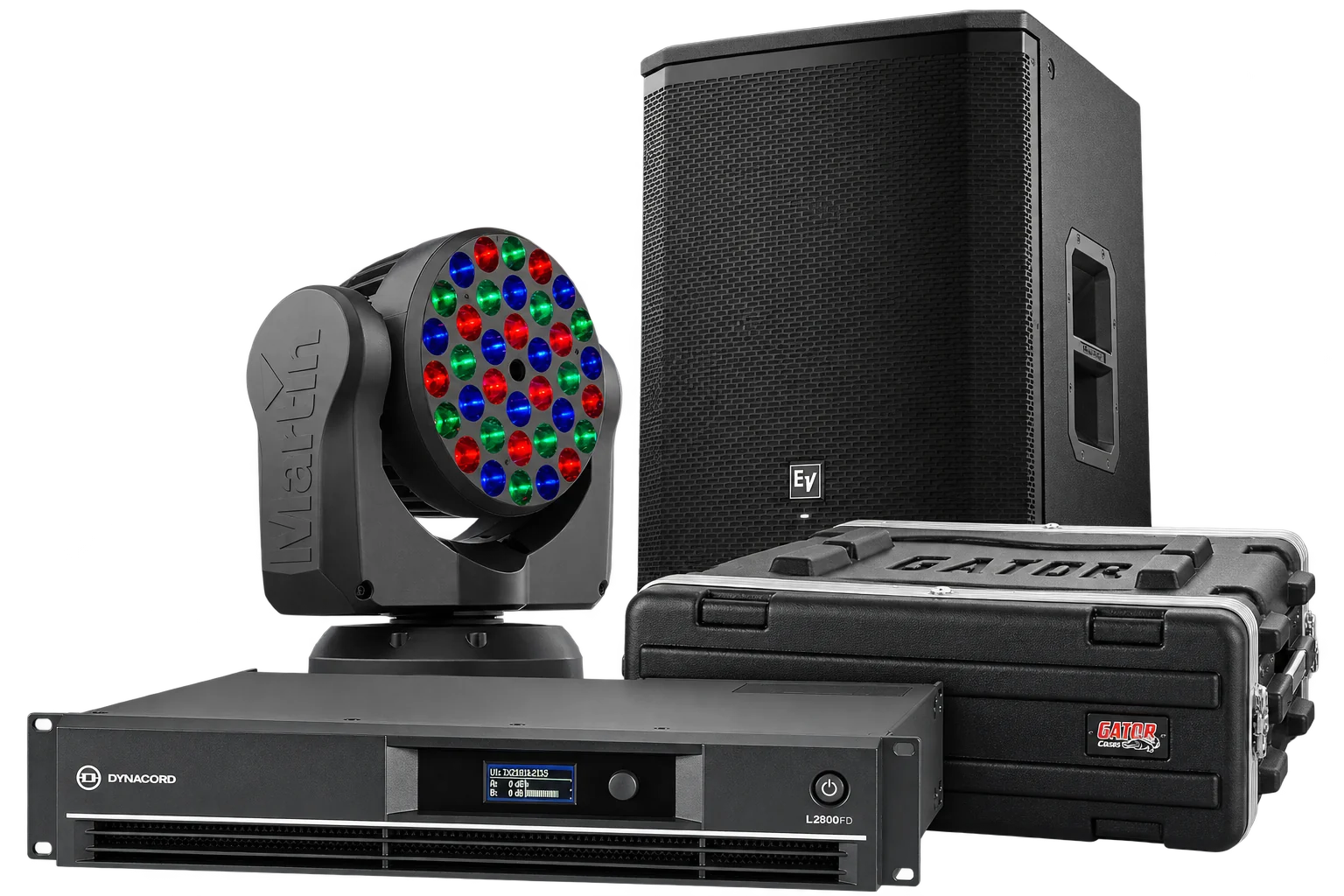 Audio and lighting equipment: amplifier, moving-head light, speaker and rack case