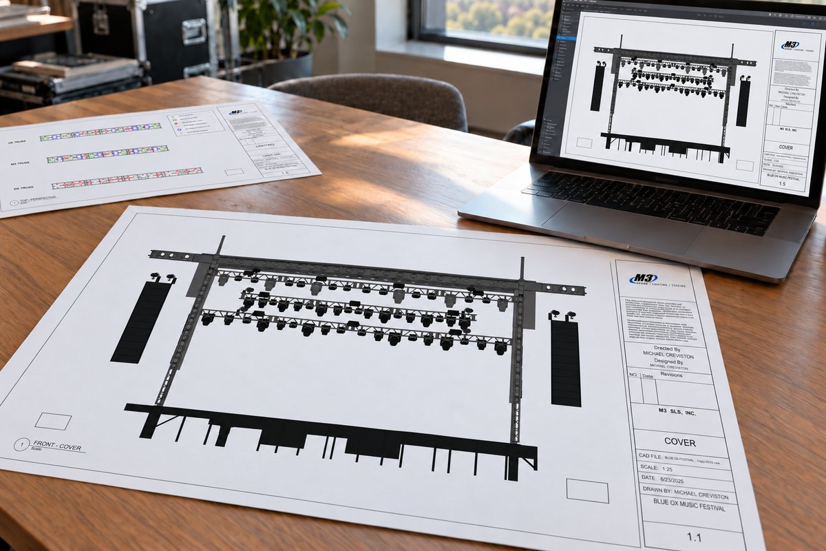 Printed lighting and stage drawings for Blue Ox beside a laptop showing the same plan